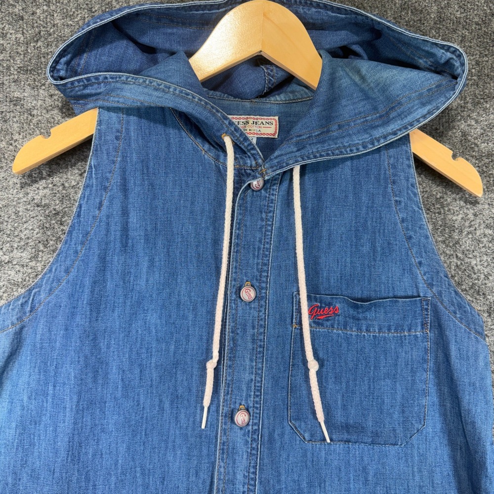 Guess Denim Hooded Vest Mens M Blue Sleeveless Button Up Vintage USA Made 90s